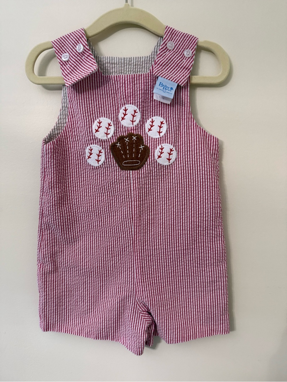 Baby Boys/Pink Striped Baseball Paw Applique Suspenders Romper